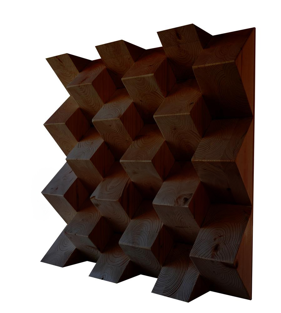 Piramis diffúzor 70x70x11 cm egy modern nappaliban, ahol a háromdimenziós forma önálló faldekorációként is működik