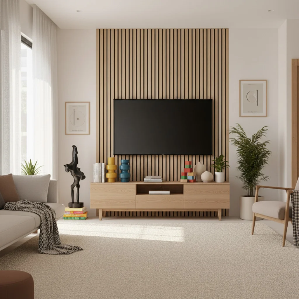 Fa lamellás akusztikus panel TV fal mögött modern nappaliban