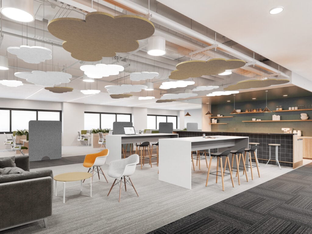 mennyezeti hangelnyelő felhők egy open office térben