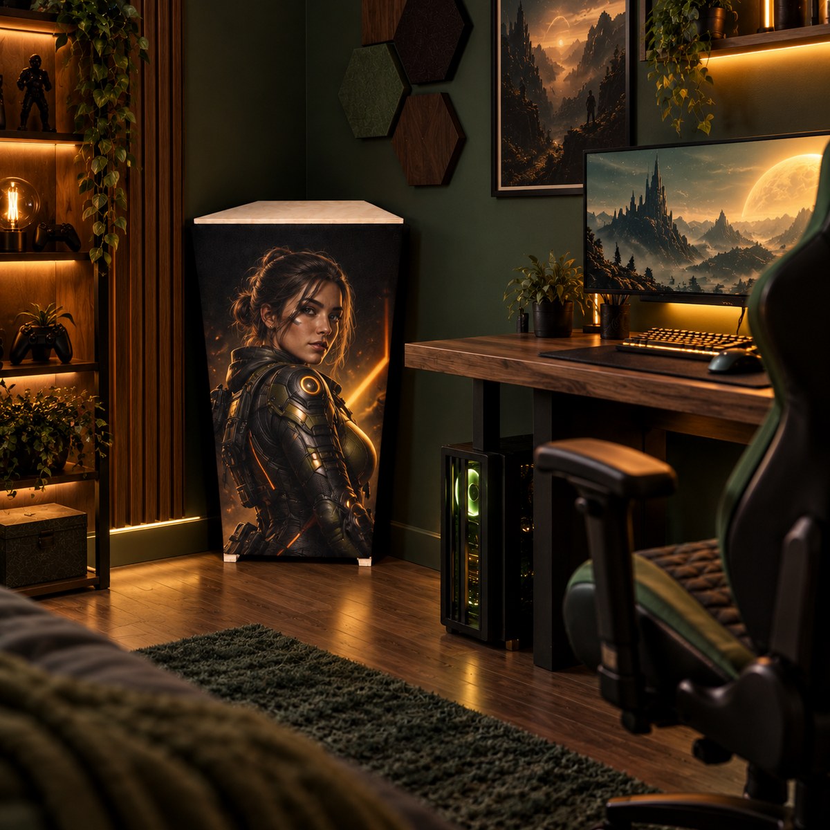 Fényképes sarokelem hangcsapda gamer szobában, saját játékvilágot idéző grafikával a setup mellé - Ez a kép egy illusztráció